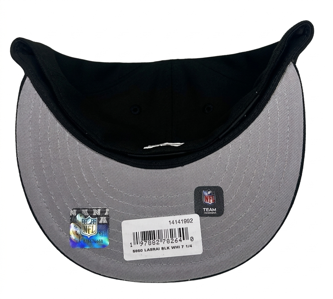 New Era Las Vegas Raiders "Gothic Arch" 59FIFTY fitted hat features white embroidered gothic-style "LAS VEGAS" lettering above the official team logo.
