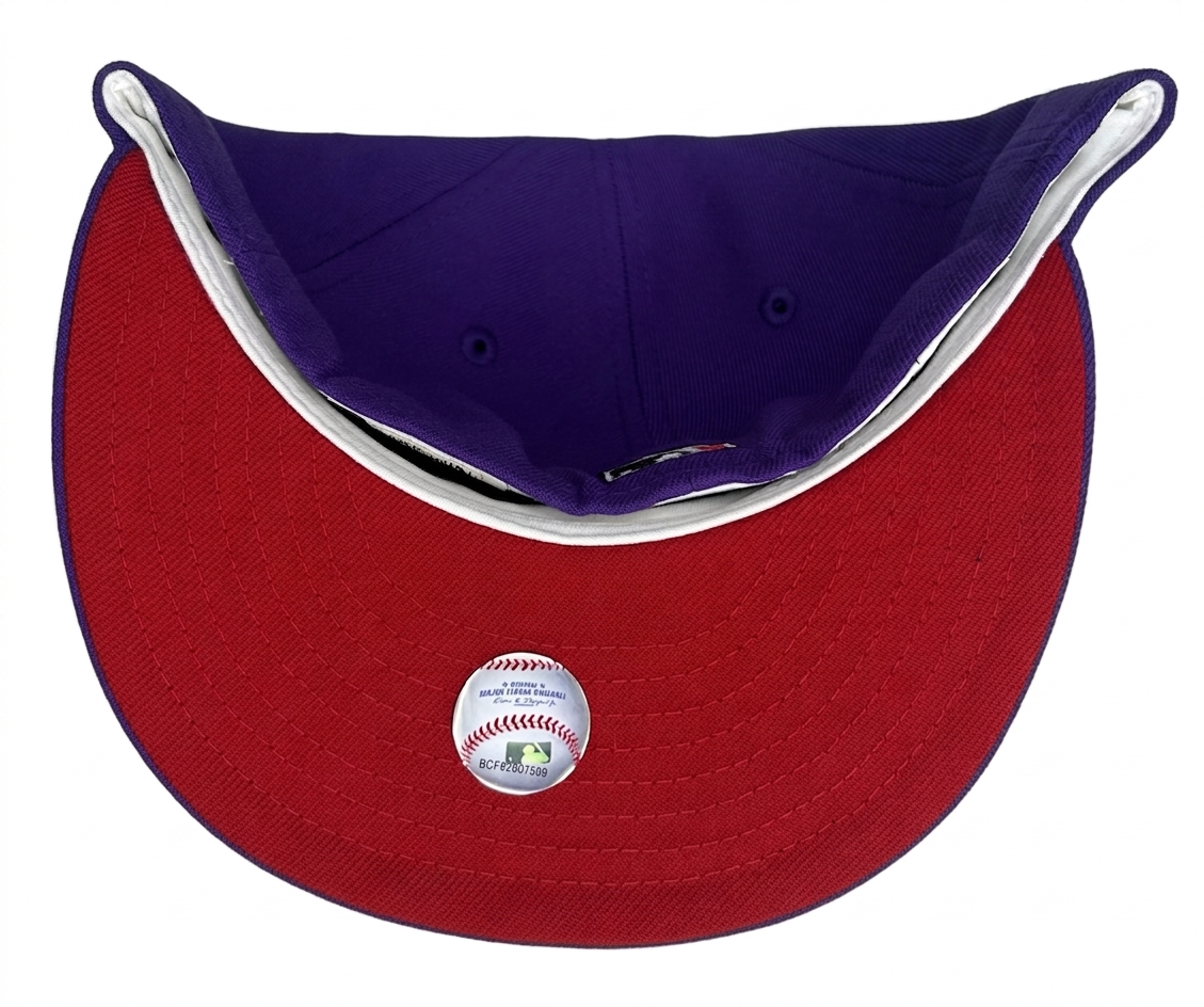 New Era 59Fifty Toronto Blue Jays fitted hat features a distinct purple crown and a red under-visor, accented by a 1991 All-Star Game side patch.