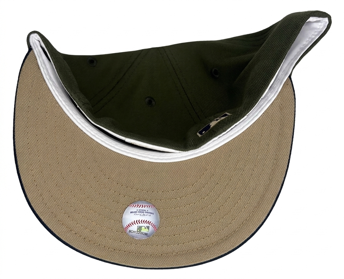 New Era 59FIFTY fitted hat features an embroidered "45's" logo in metallic gold on an olive green crown with a navy blue visor.