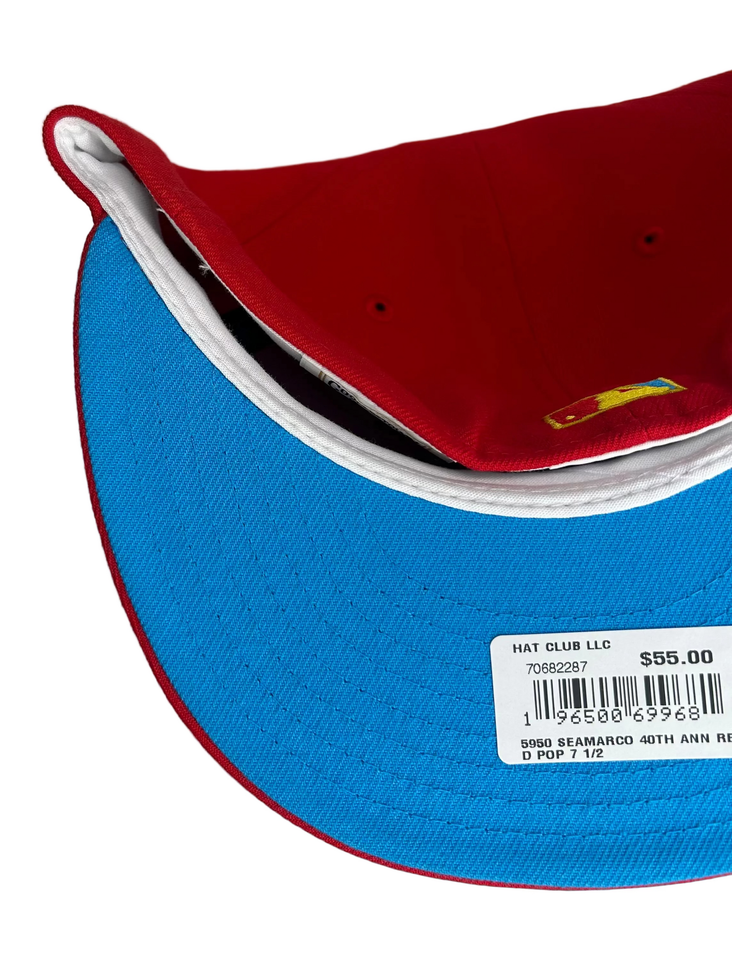 New Era Seattle Mariners "Hat Wheels" 59FIFTY fitted hat features a red crown and a 40th-anniversary patch