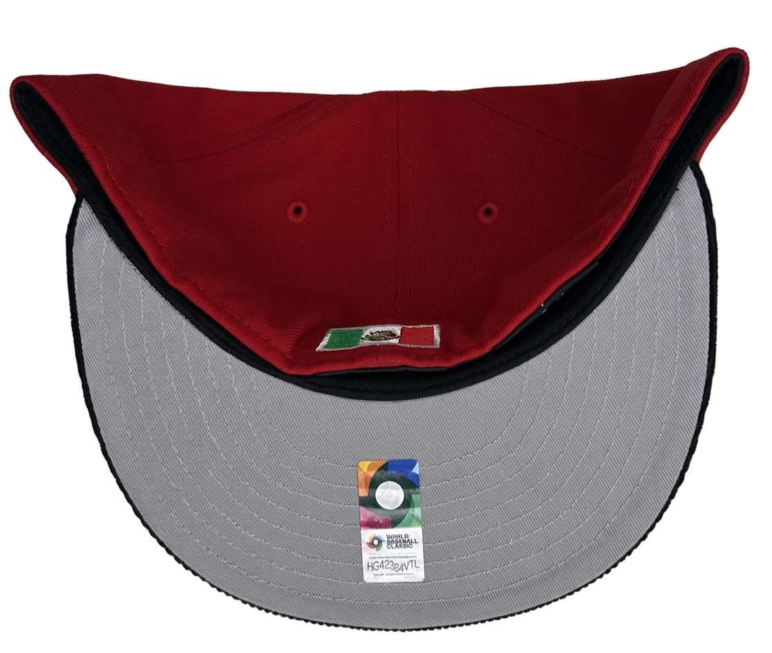 New Era 59Fifty Mexico "M" hat features a vibrant red crown with a black corduroy visor.