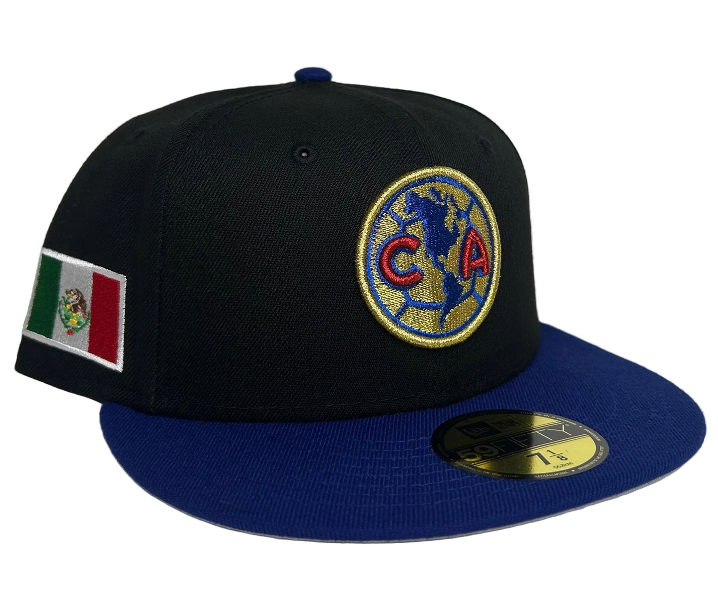 New Era Club America 59Fifty fitted hat features a black crown with a prominent embroidered team logo and a bright blue visor.