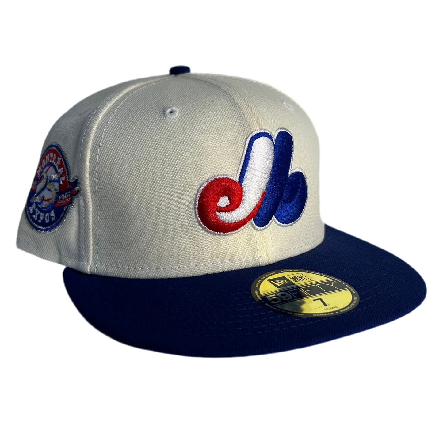 New Era 59FIFTY Montreal Expos fitted hat with a white crown, royal blue visor, and a 1993 side patch.