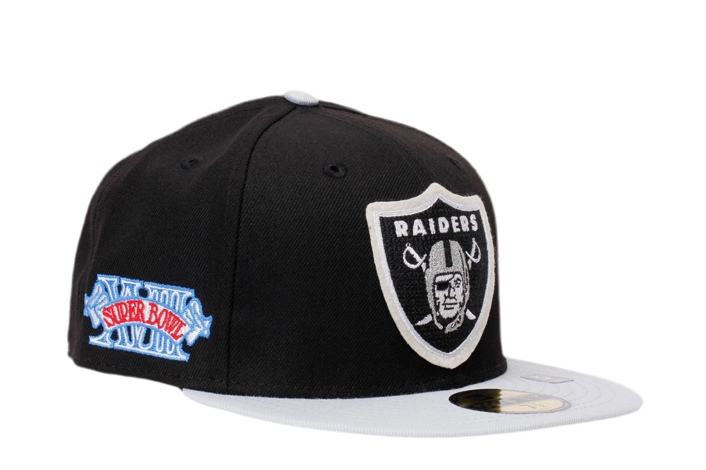 Men's Las Vegas Raiders New Era Black/Silver Super Bowl XVIII Letterman 59FIFTY Fitted Hat