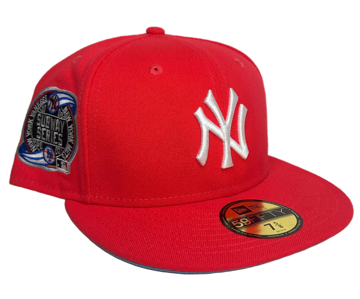This New Era New York Yankees Subway Series 2000 Red fitted hat features a blue undervisor.