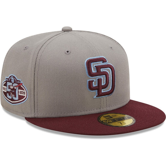 San Diego Padres New Era 59FIFTY Fitted Hat Black Crown Tan Visor Tan/White Logo 50th Anniversary Side Patch Gray UV.