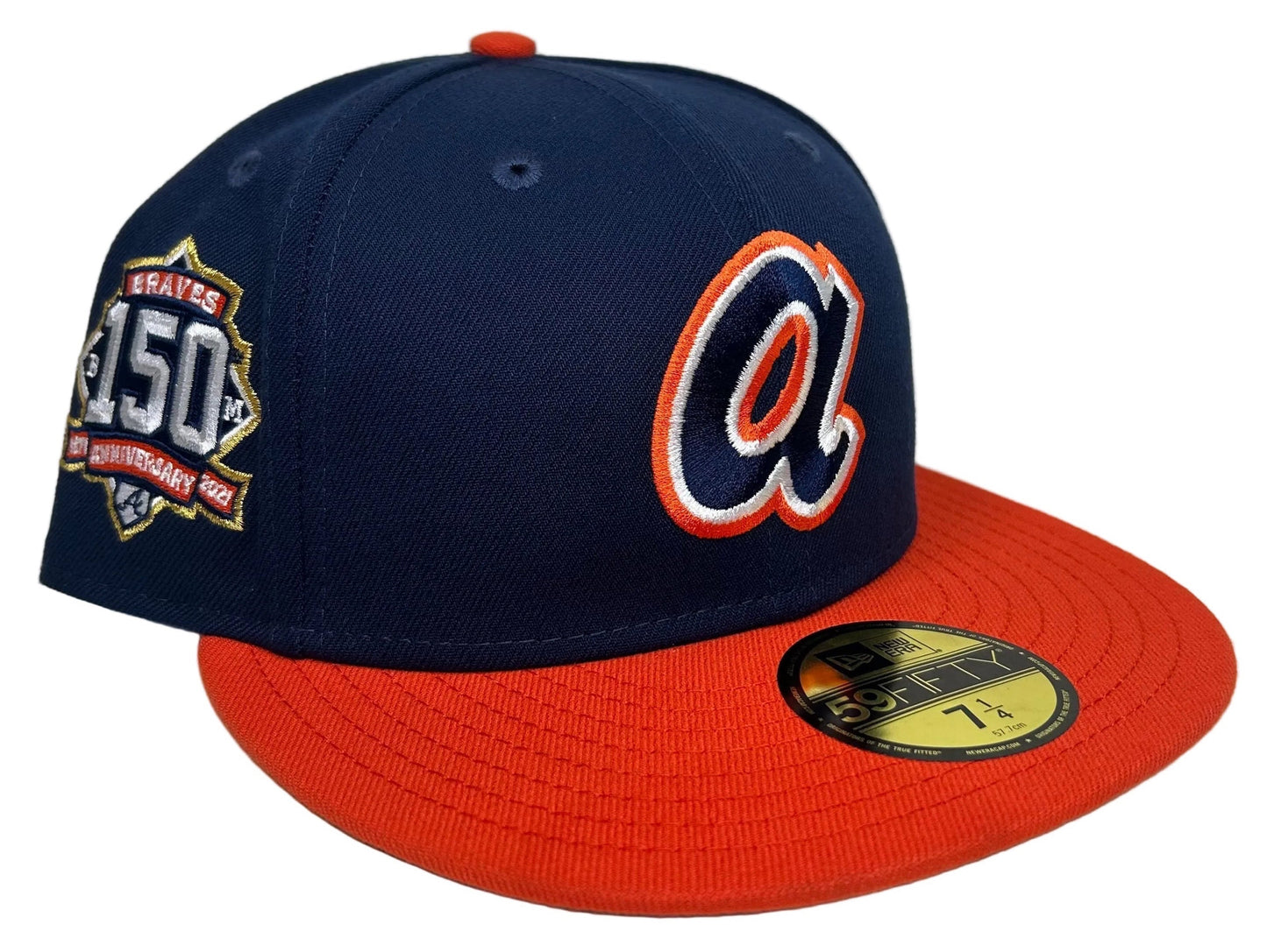 Atlanta Braves New Era 59FIFTY navy and orange 150th Anniversary fitted hat with a side patch.