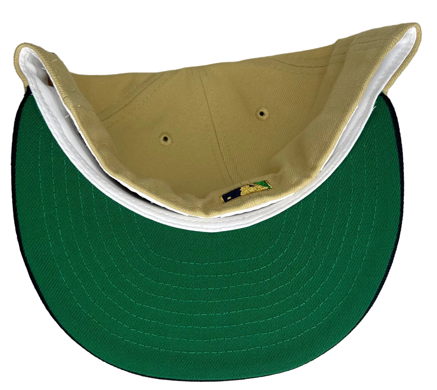 New Era 59FIFTY San Francisco Giants "Bank Roll" fitted hat featuring a khaki crown, navy visor, and green embroidered logo details.