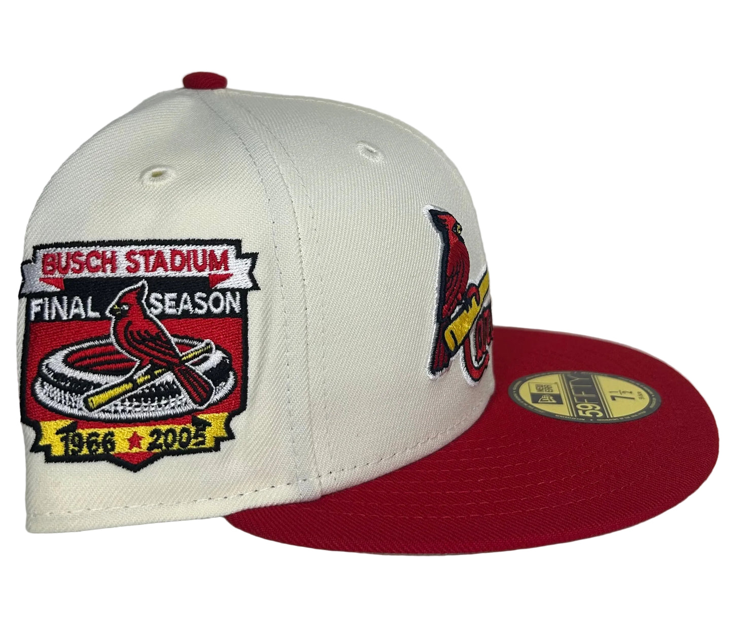 New Era St. Louis Cardinals fitted hat features a white crown, red visor, and a special patch commemorating the final season at Busch Stadium.