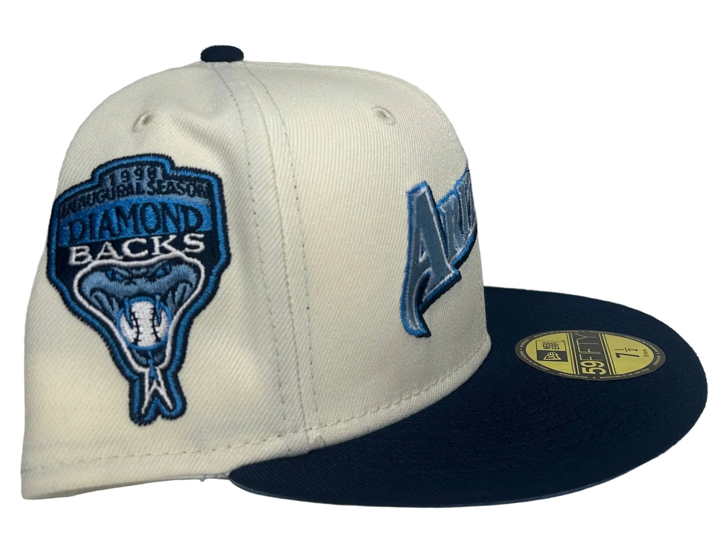 New Era 59FIFTY Arizona Diamondbacks fitted hat featuring an embroidered "Arizona" script on the front and a team snake side patch.