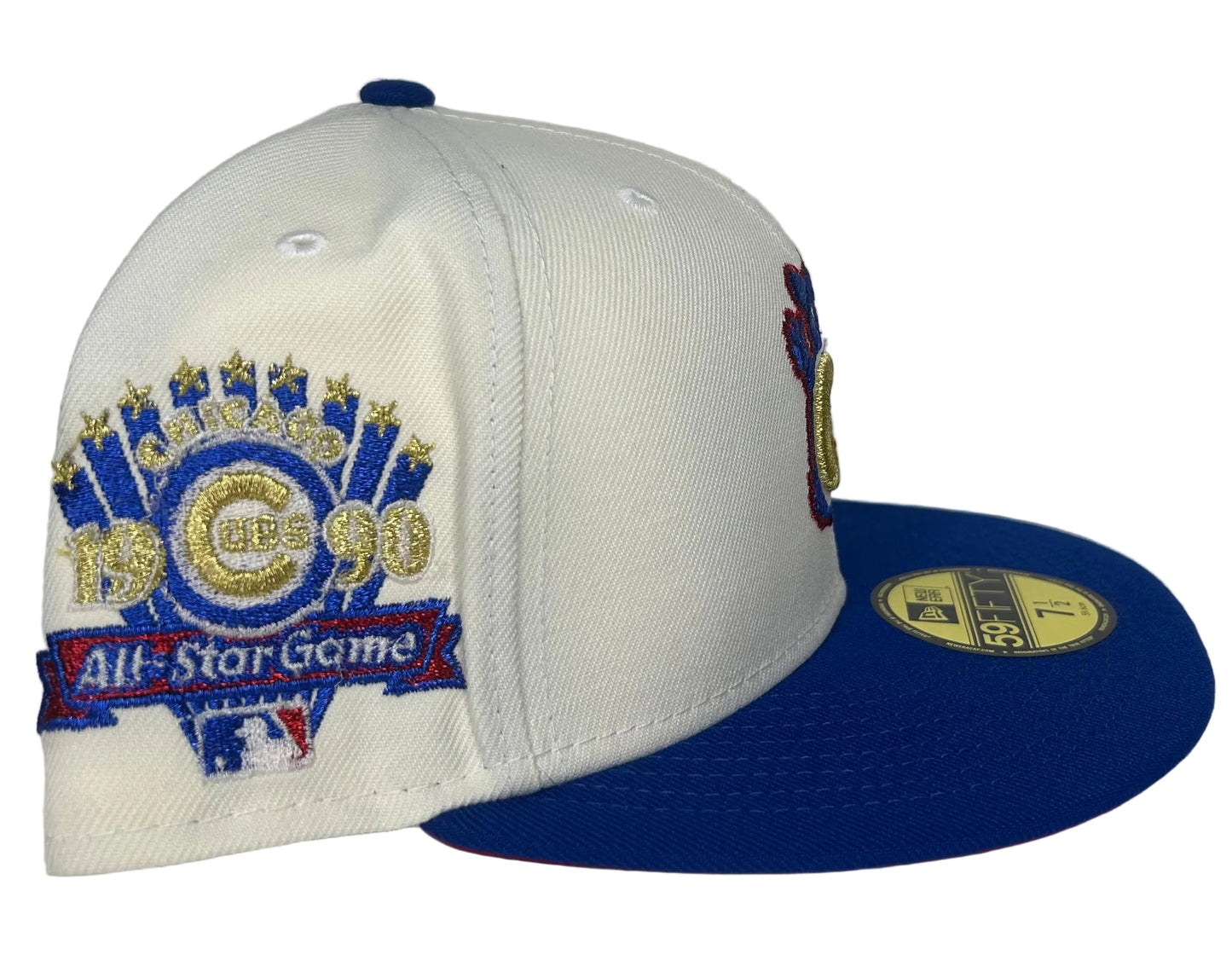 New Era 59FIFTY fitted hat featuring a Chicago Cubs logo embroidered in gold and a 1990 All-Star Game patch on the side.
