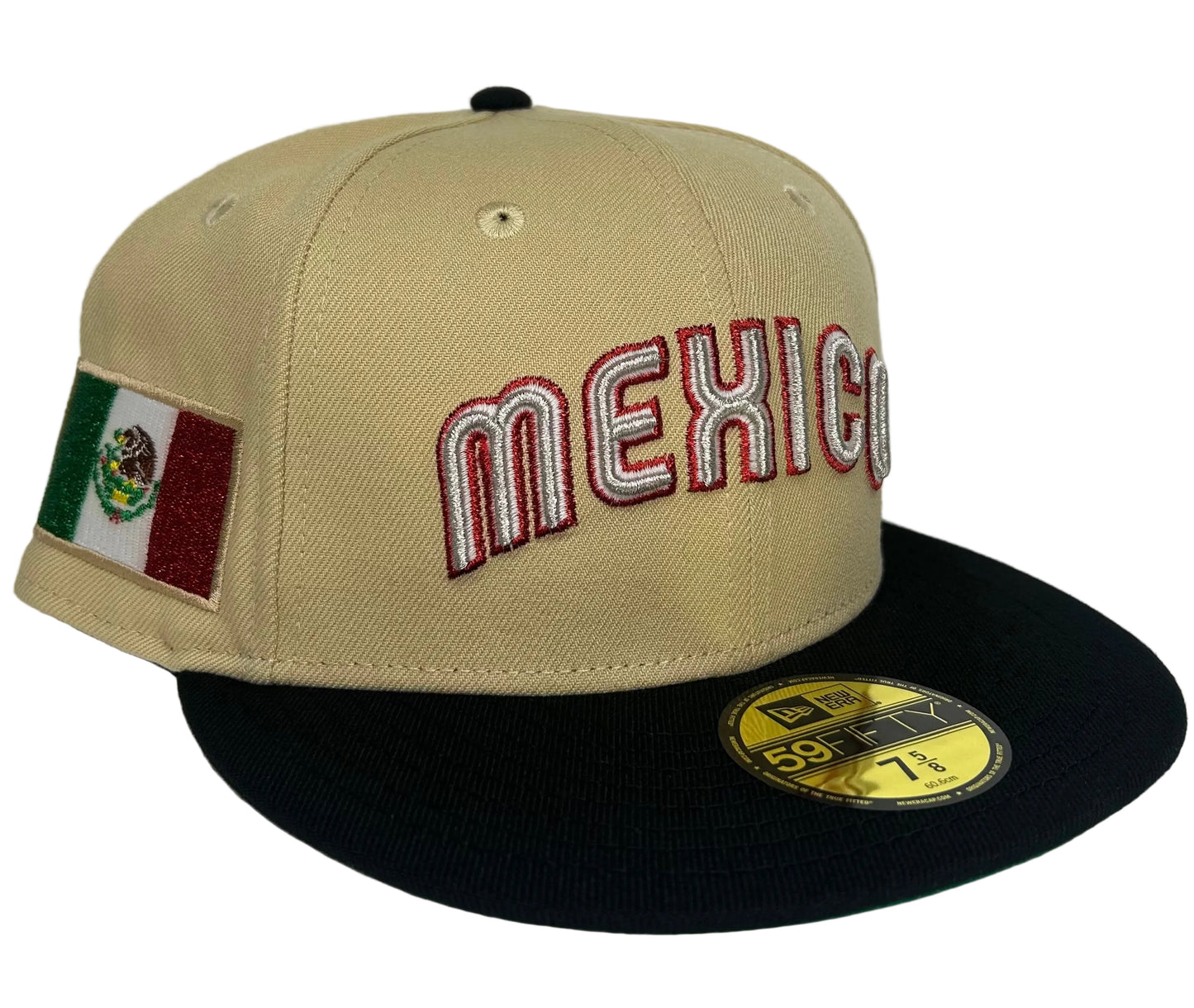 New Era 59FIFTY Mexico fitted hat features a khaki crown, black visor, and a Mexican flag patch on the side.