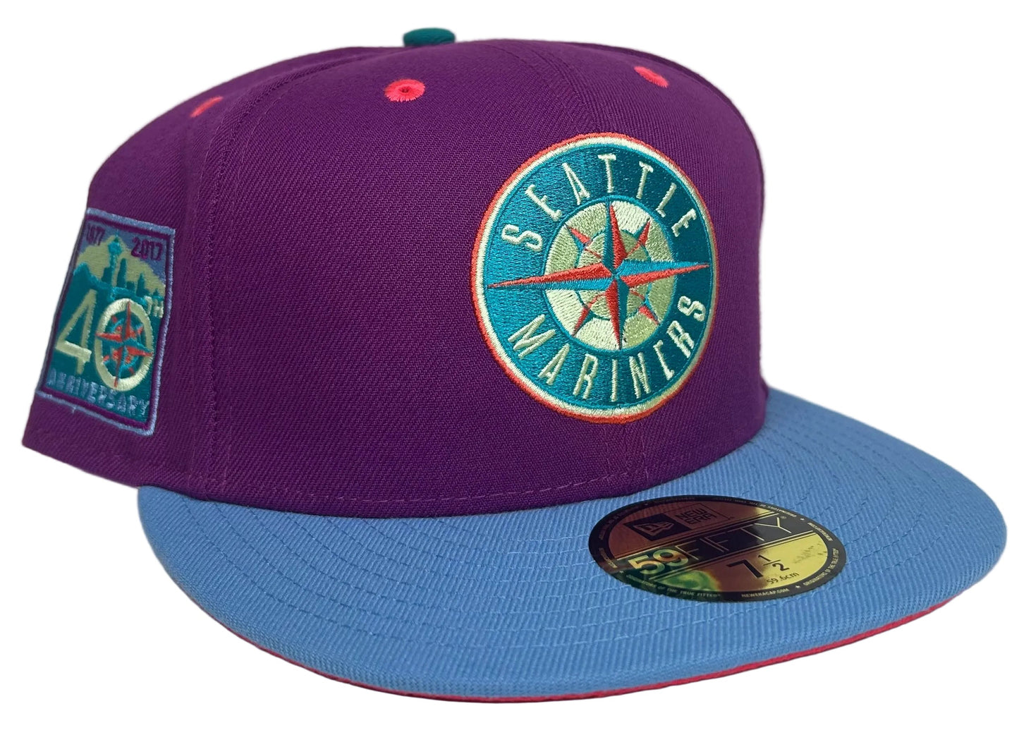 New Era 59Fifty Seattle Mariners 40th Anniversary Purple Main Stage hat featuring a purple crown and light blue brim.