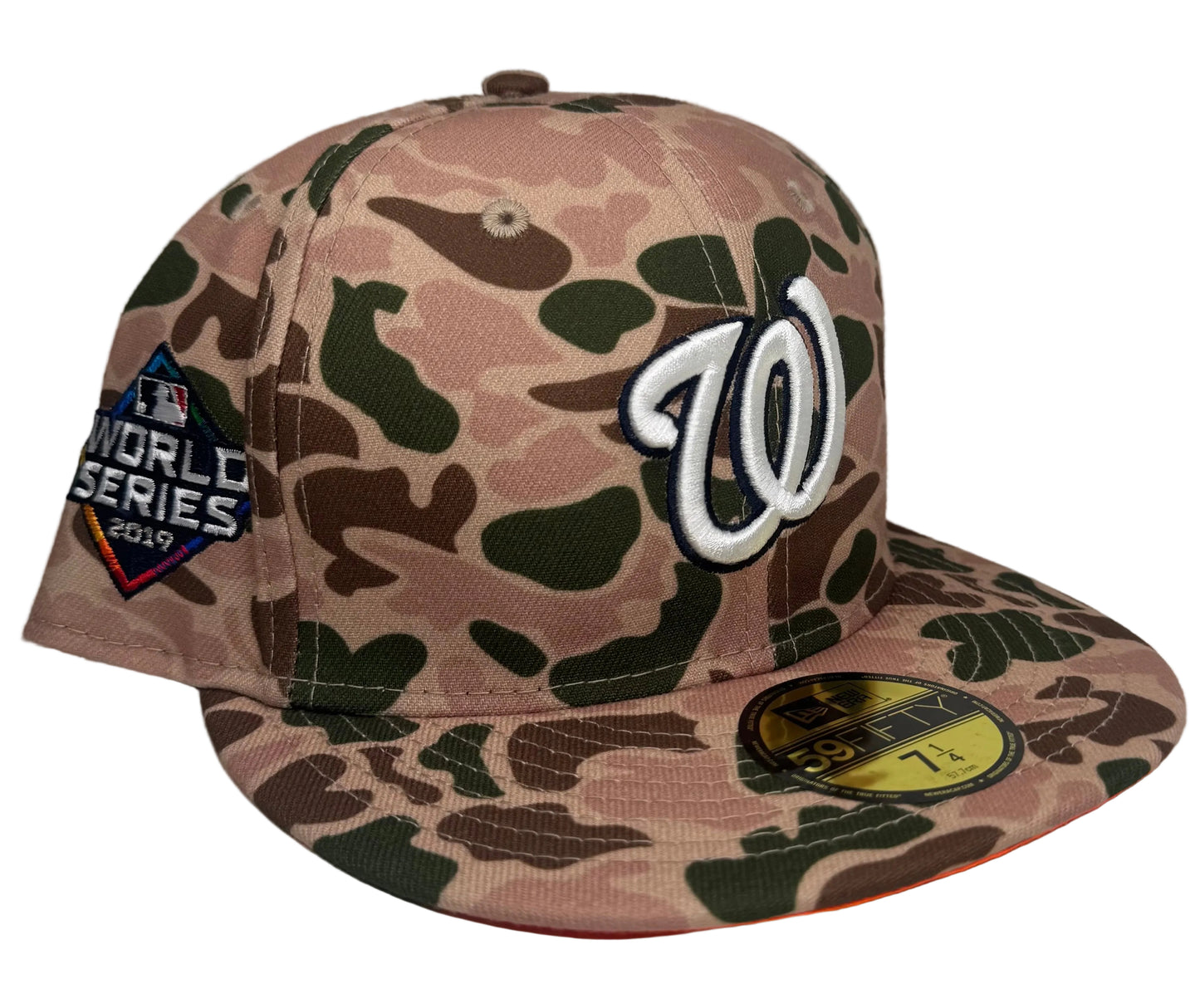 New Era Washington Nationals 2019 World Series Side Patch Duck Camo 59FIFTY fitted hat featuring a distinctive green and brown camo pattern with a contrasting orange undervisor.