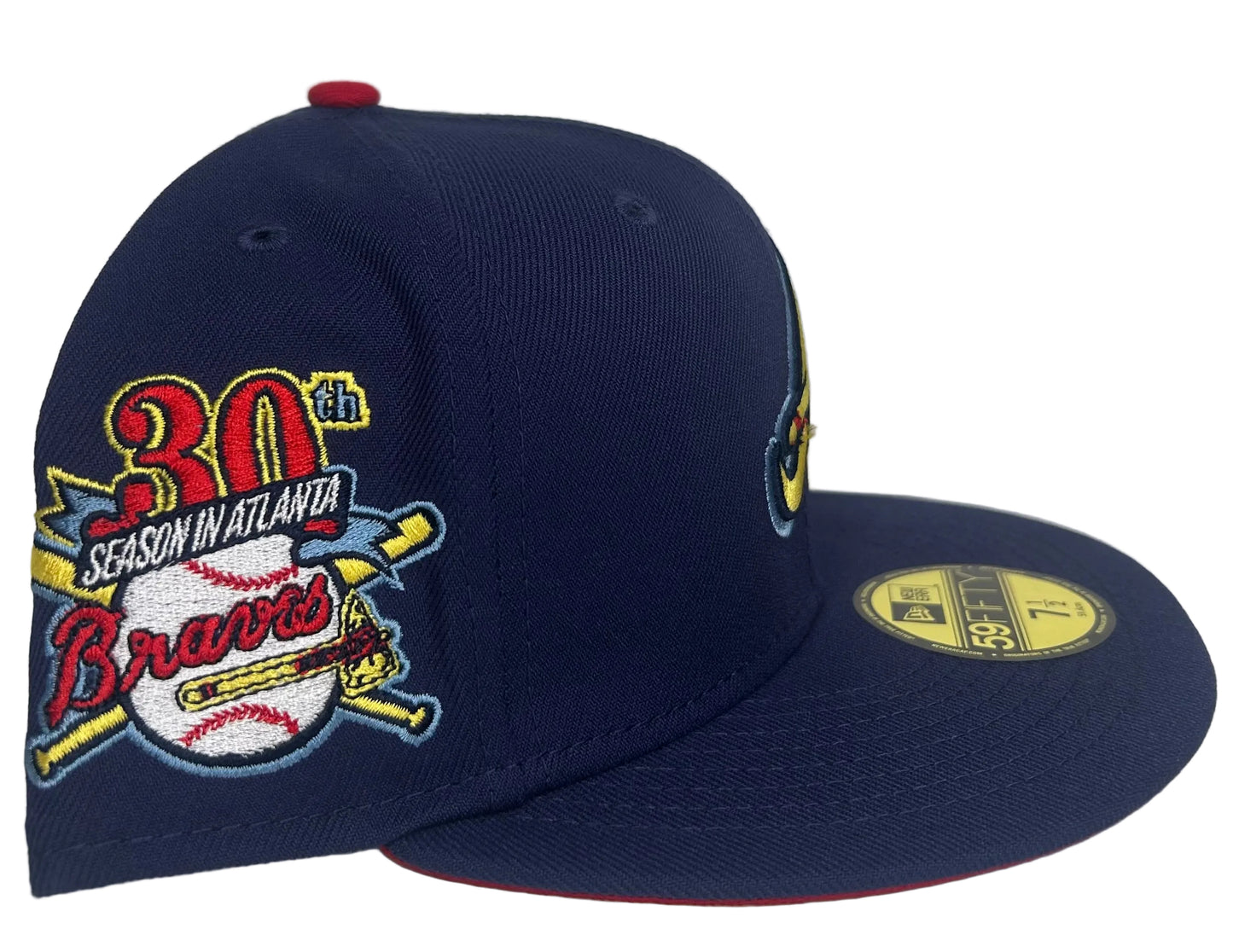 New Era Atlanta Braves “All The Right”  59FIFTY fitted hat featuring a yellow and light blue embroidered "A" logo and a 30th Season side patch.
