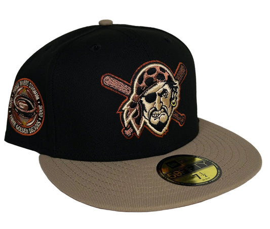 New Era Pittsburgh Pirates 59FIFTY fitted hat from the "Rust Belt" collection, featuring a distinct black crown and tan visor.