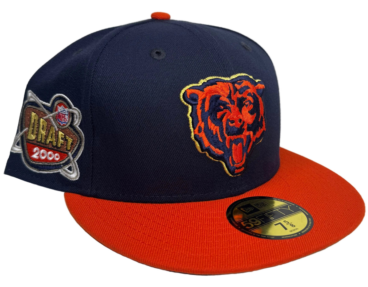 New Era Chicago Bears 2000 NFL Draft Legends Two-Tone 59FIFTY fitted hat featuring a navy crown and orange visor.