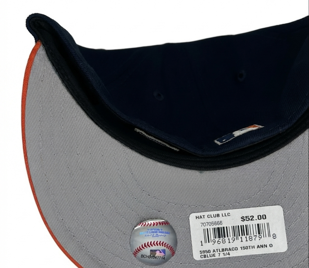 Atlanta Braves New Era 59FIFTY navy and orange 150th Anniversary fitted hat with a side patch.