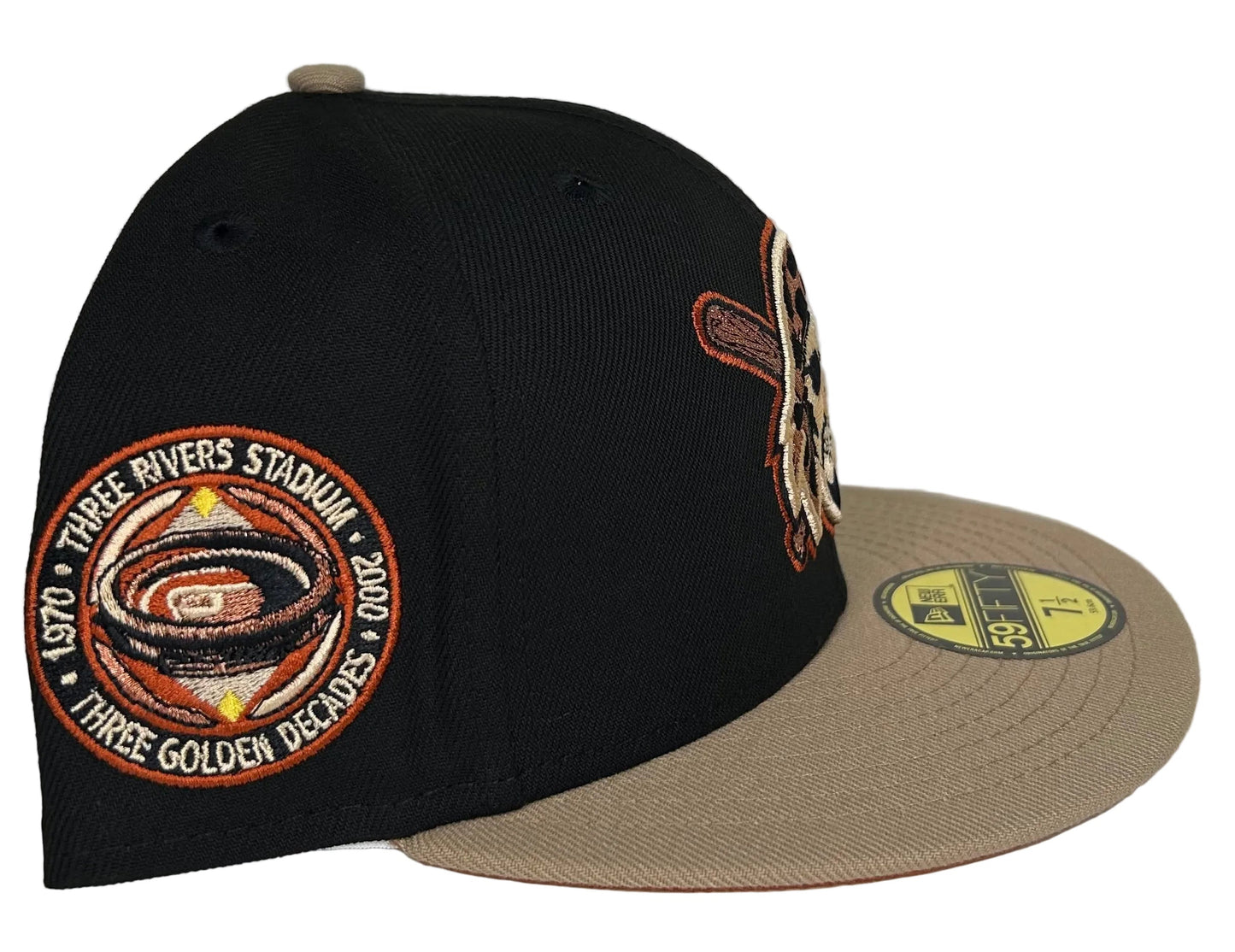 New Era Pittsburgh Pirates 59FIFTY fitted hat from the "Rust Belt" collection, featuring a distinct black crown and tan visor.