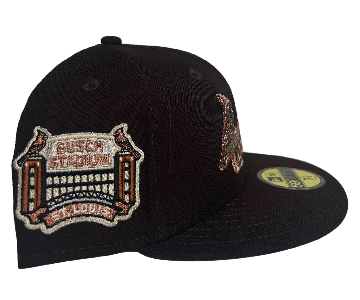 New Era St. Louis Cardinals 59FIFTY fitted hat from a specialized collection featuring a black crown and visor with metallic copper and gold embroidery.