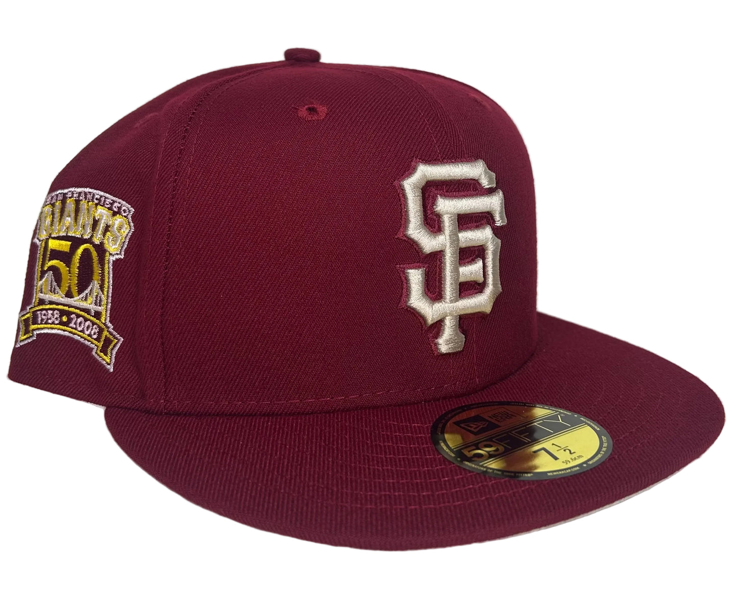 San Francisco Giants New Era 59Fifty fitted hat features a metallic silver front logo and a "50th Anniversary" side patch.