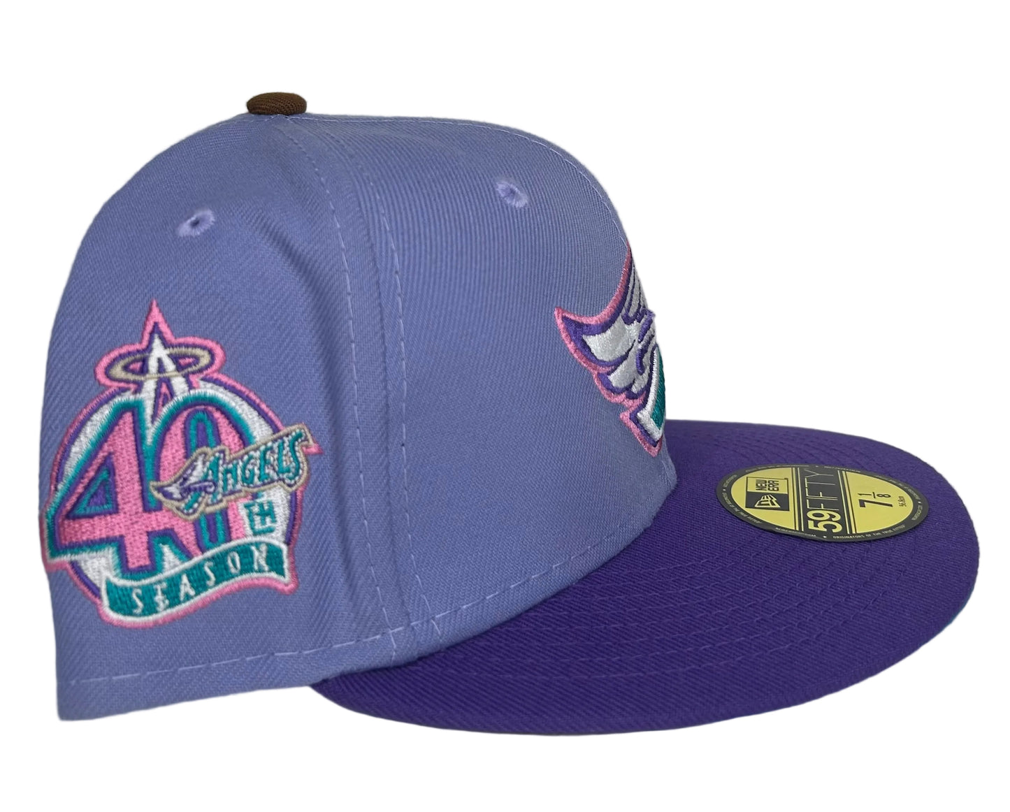 Lavender & Purple New Era Anaheim Angels 59Fifty fitted hat features a winged "A" logo and a 40th-anniversary side patch.