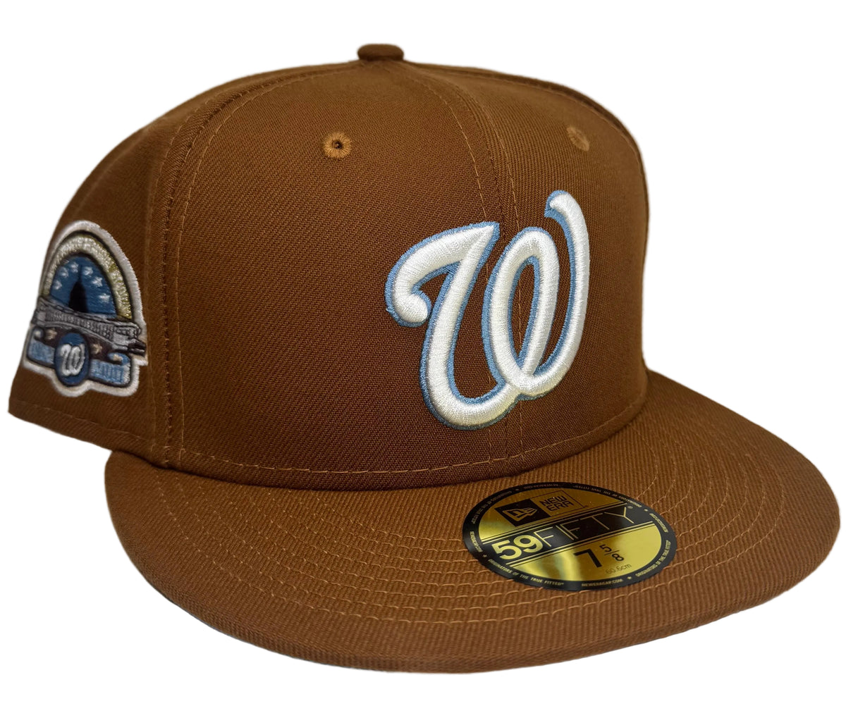 New Era 59Fifty Toast Washington Nationals Icy Blue Bottom 35th Anniversary Side Patch Fitted Hat featuring a distinctive brown crown and a light blue under visor.