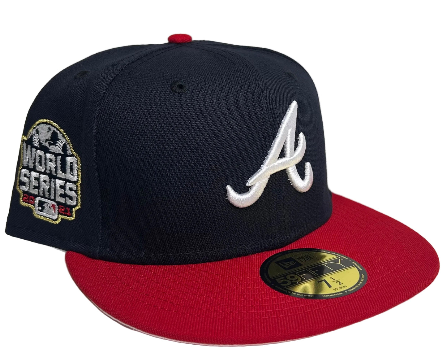 New Era Atlanta Braves 59FIFTY Fitted Hat W/ a pink UV & celebrating their 2021 World Series championship SP.