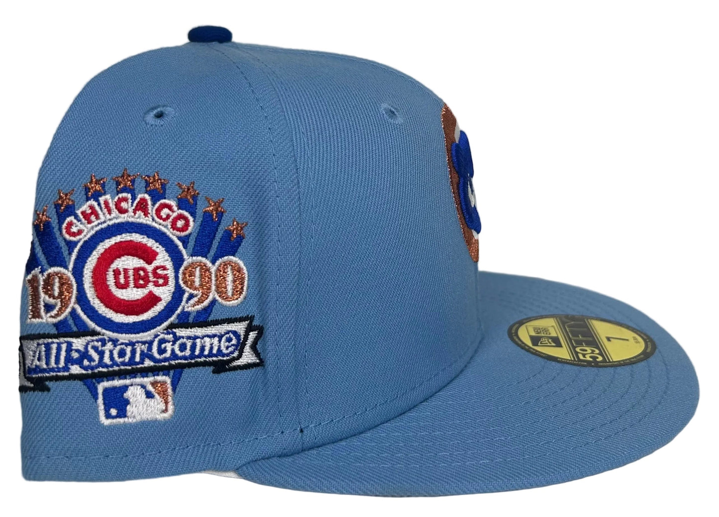 Chicago Cubs “Blastoise”New Era 59FIFTY fitted hat features a distinctive sky blue color with a copper-accented bear logo and a 1990 All-Star Game side patch.