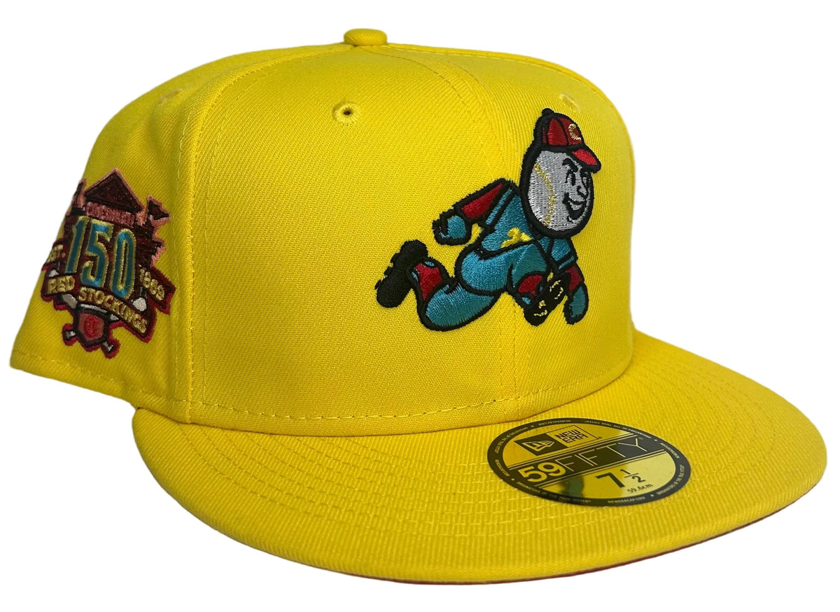 New Era Cincinnati Reds 150th Anniversary "Wendy's" fitted hat in yellow with a unique "Mr. Red" mascot logo and a commemorative patch.