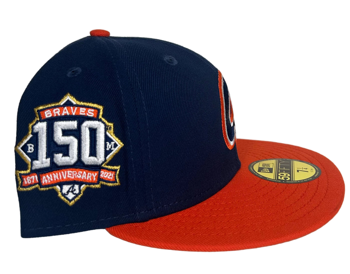 Atlanta Braves New Era 59FIFTY fitted hat, specifically featuring a navy crown, orange visor, and a 150th Anniversary side patch. 