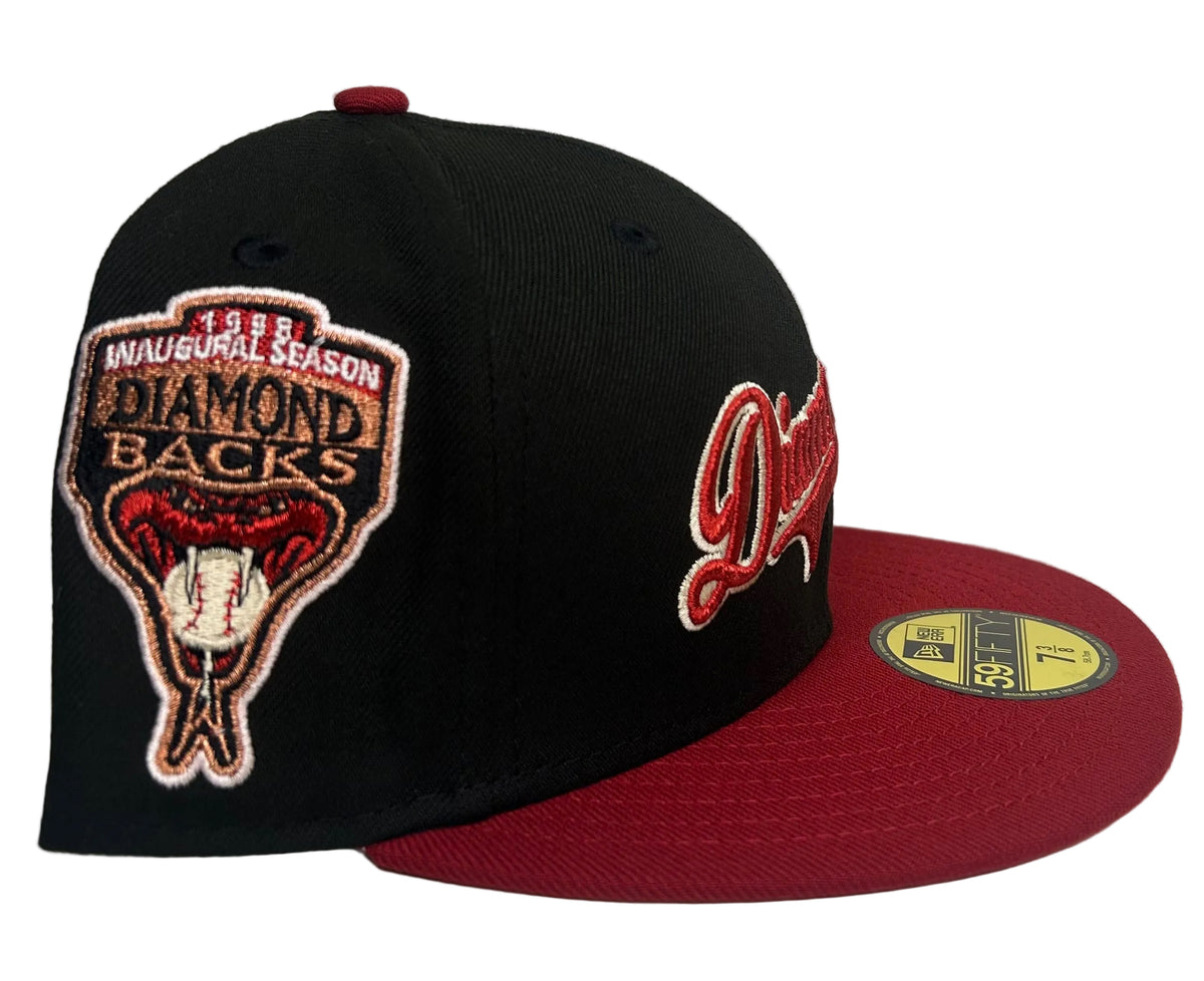 New Era 59FIFTY Arizona Diamondbacks Script By: 2PieceNat  “Desert Sunrise” fitted hat, featuring a black crown, cardinal red visor, and a 1998 Inaugural Season side patch & a Pink UV.