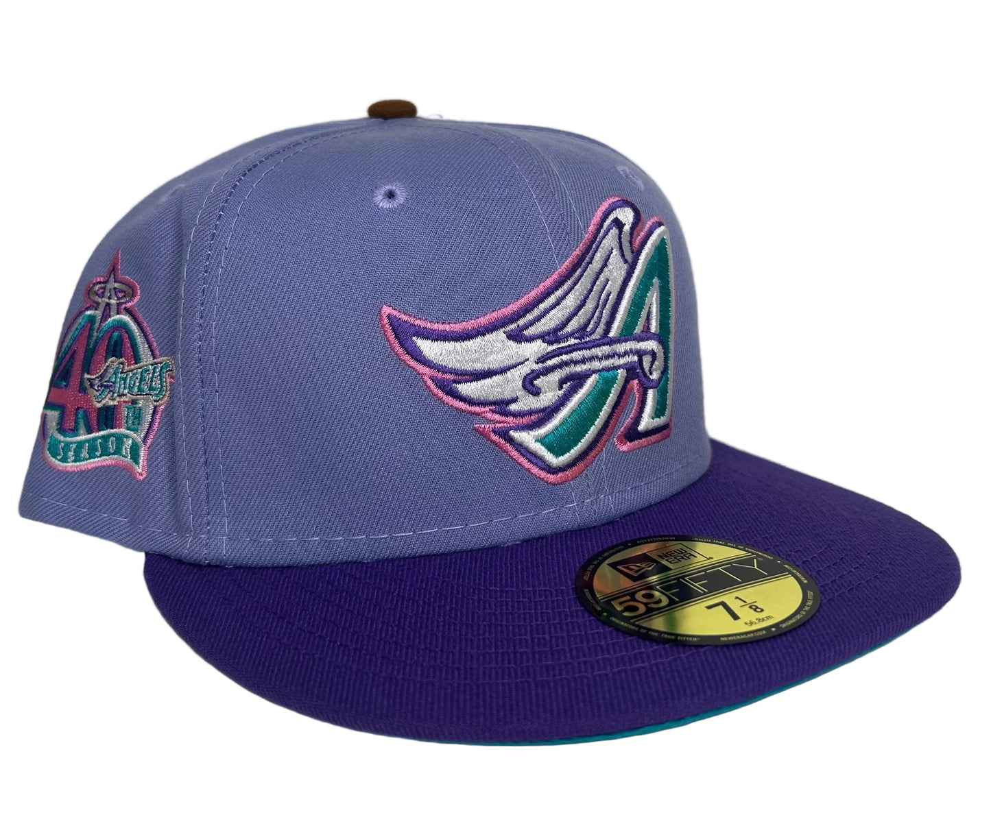 Lavender & Purple New Era Anaheim Angels 59Fifty fitted hat features a winged "A" logo and a 40th-anniversary side patch.