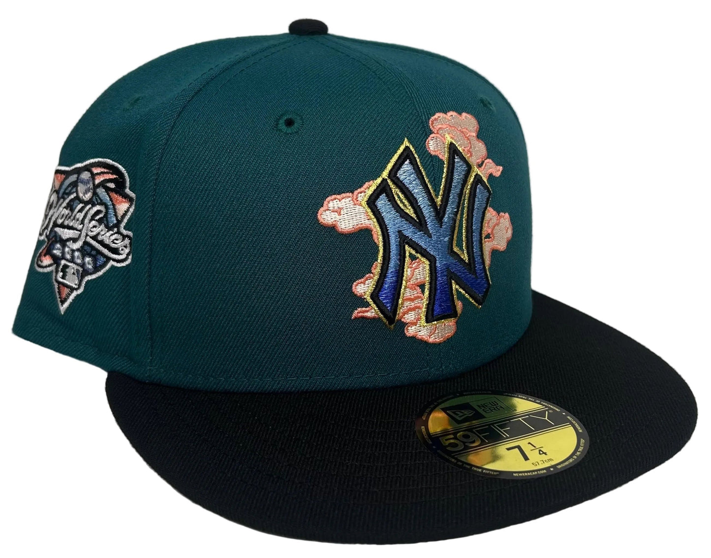New Era New York Yankees Cloud Spiral 2000 World Series 59FIFTY Fitted Hat featuring a turquoise green crown, black brim, and distinctive embroidered cloud and gradient logo details.