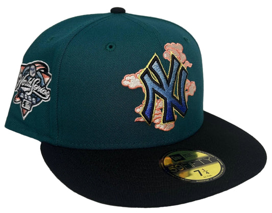 New Era New York Yankees Cloud Spiral 2000 World Series 59FIFTY Fitted Hat featuring a turquoise green crown, black brim, and distinctive embroidered cloud and gradient logo details.