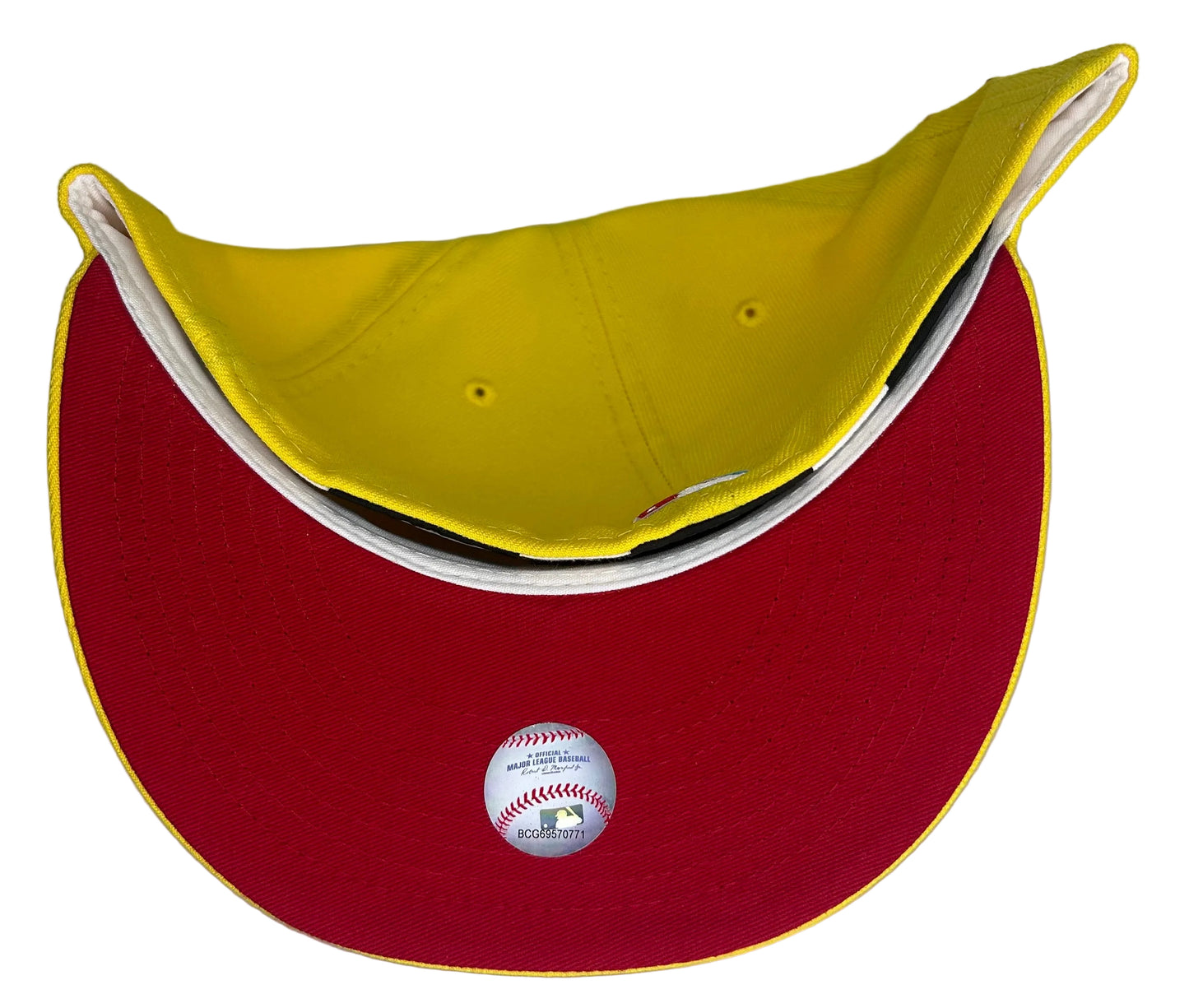 New Era Cincinnati Reds 150th Anniversary "Wendy's" fitted hat in yellow with a unique "Mr. Red" mascot logo and a commemorative patch.