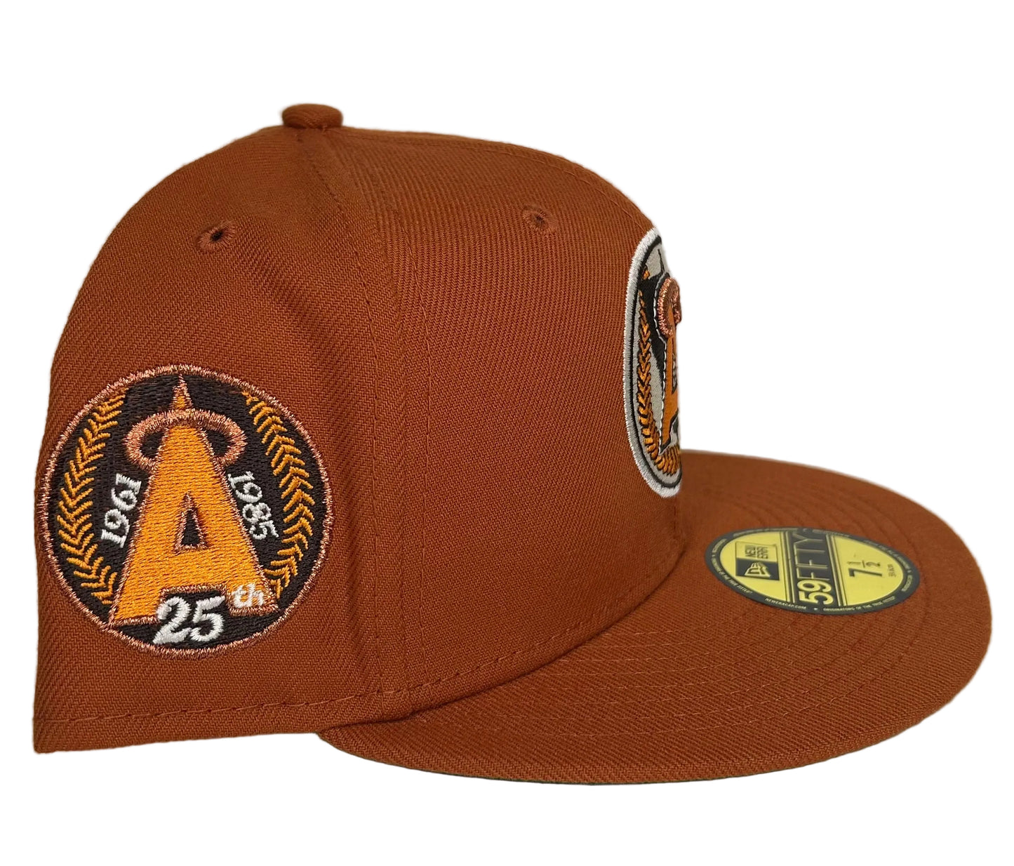 New Era Campfire Los Angeles Angels 25th Anniversary Patch fitted hat, distinguished by its burnt orange color.