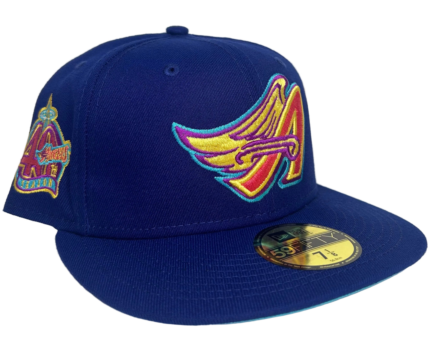 New Era Los Angeles Angels 59FIFTY fitted hat in royal blue with a yellow and pink logo.