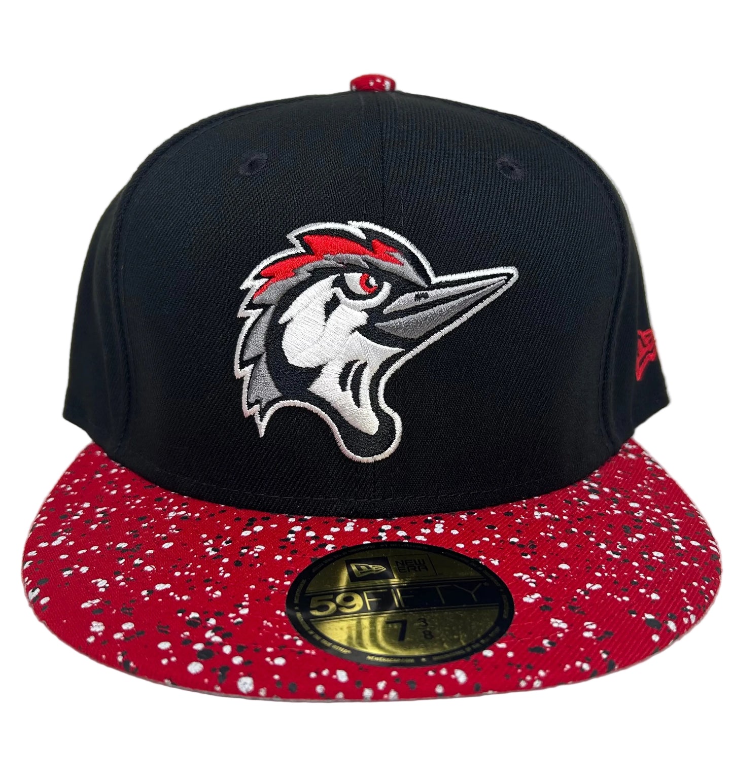 New Era Fayetteville Woodpeckers 59FIFTY fitted hat features a black crown and a distinct red speckled brim.