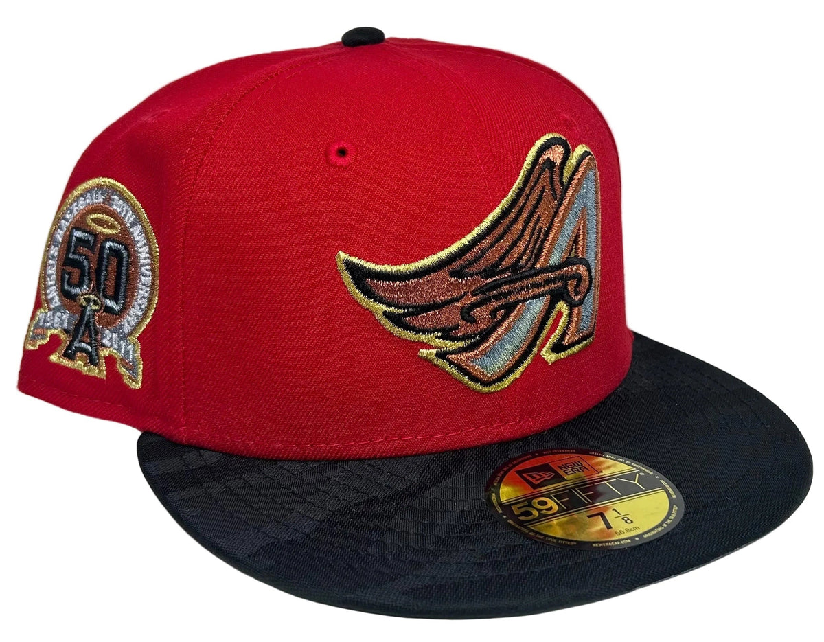 New Era 59FIFTY fitted hat for the Los Angeles Angels featuring a black tonal camo visor and a 50th-anniversary side patch.