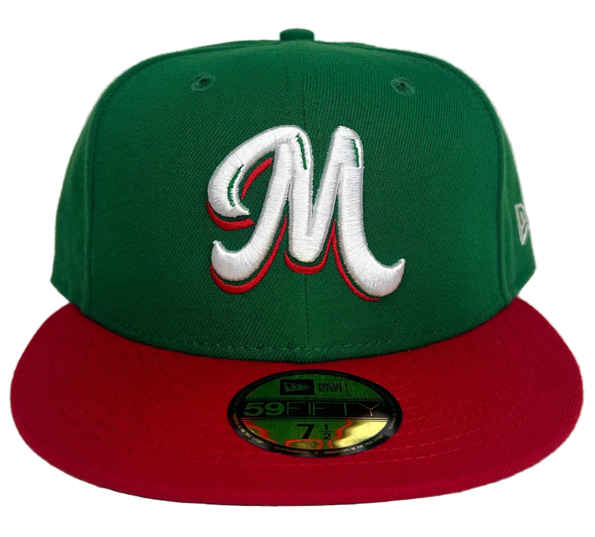 New Era 59FIFTY fitted cap features a vibrant green crown and a contrasting red visor with a white and red "M" logo for the Mexico Serie Del Caribe.
