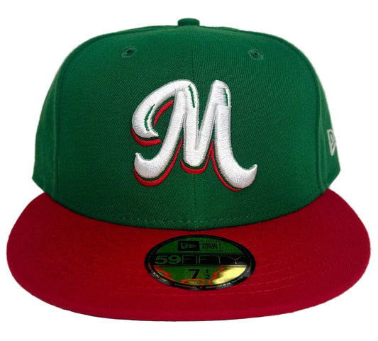 New Era 59FIFTY fitted cap features a vibrant green crown and a contrasting red visor with a white and red "M" logo for the Mexico Serie Del Caribe.
