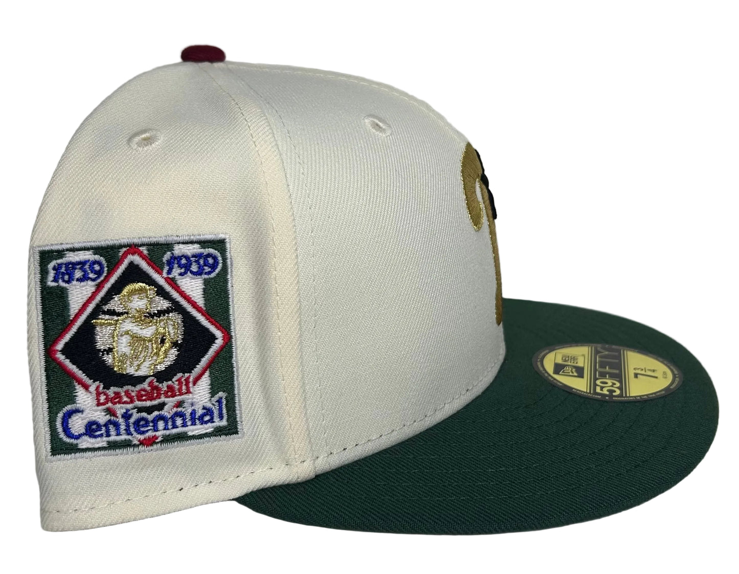 New Era Philadelphia Phillies 59Fifty fitted hat features a distinctive cream-colored crown, a dark green visor, and a special 1939 Baseball Centennial side patch.
