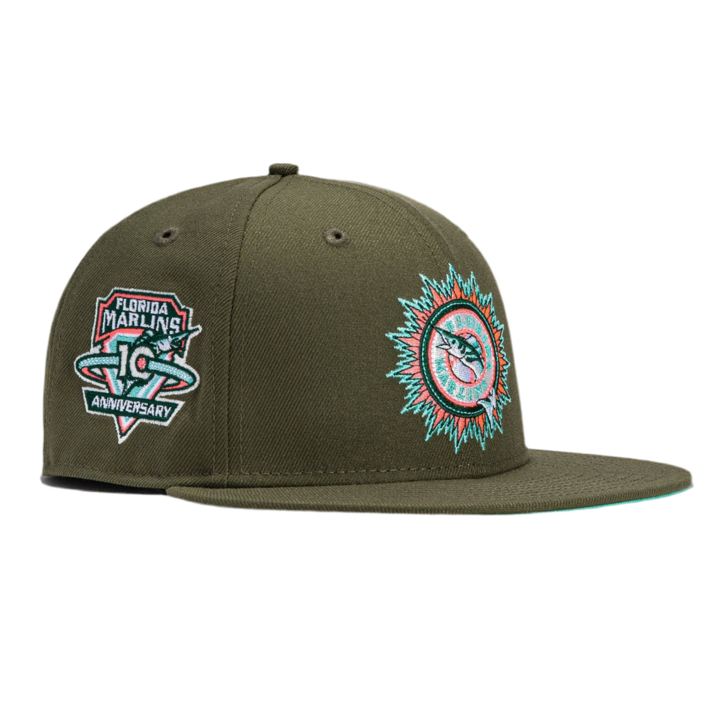 New Era 59Fifty Miami Marlins 10th Anniversary Patch Alternate Mint UV Hat - Olive
