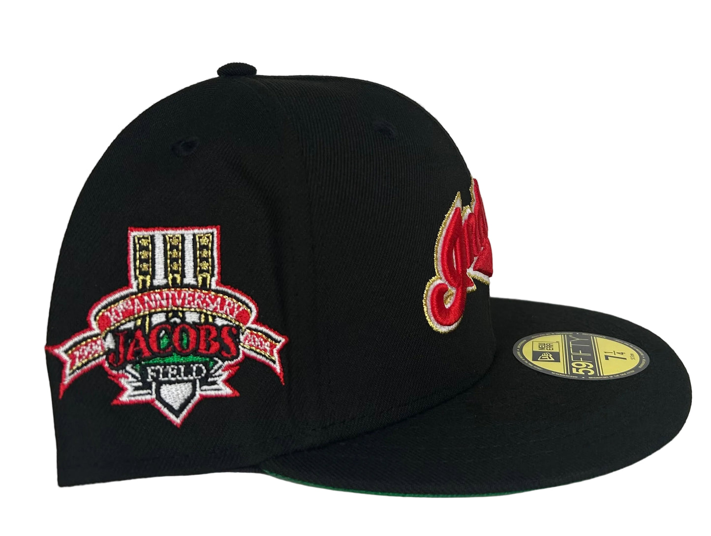 New Era Cleveland Indians 59FIFTY fitted hat featuring a red script logo and a 1994 Jacobs Field inaugural season side patch.