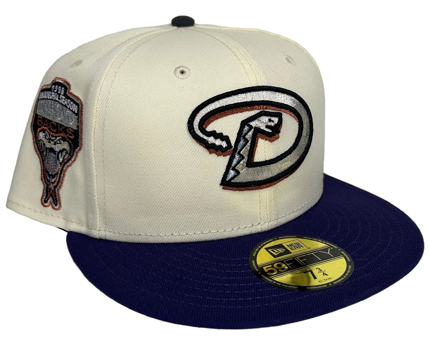 New Era Arizona Diamondbacks Cooperstown Collection 1998 Inaugural Season fitted hatfeaturing a prominent "D" snake logo and purple brim.