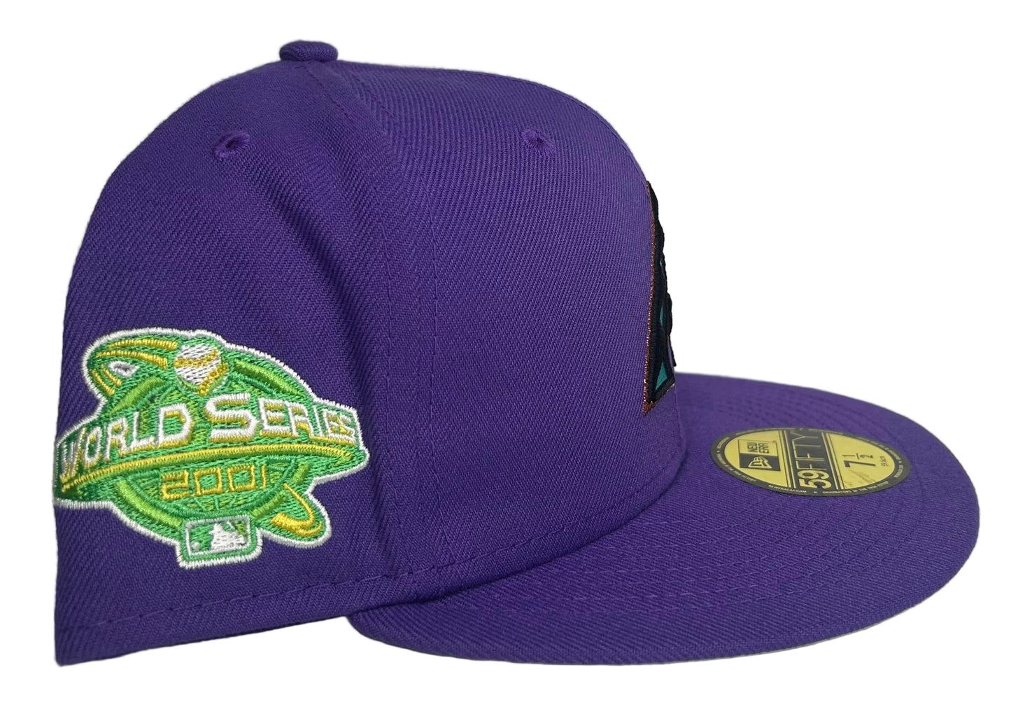 New Era Arizona Diamondbacks Citrus Pop 2001 World Series 59FIFTY fitted hat featuring a vibrant purple crown and a distinctive teal and copper embroidered team logo.