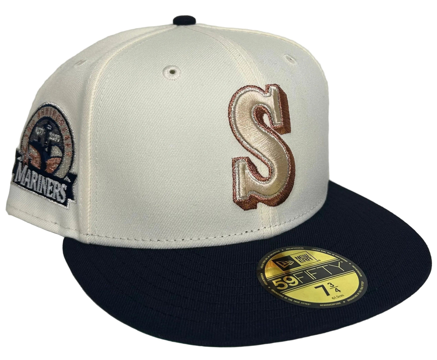 New Era 59FIFTY fitted Seattle Mariners hat features a unique white crown with a copper-colored "S" logo and a navy blue visor.