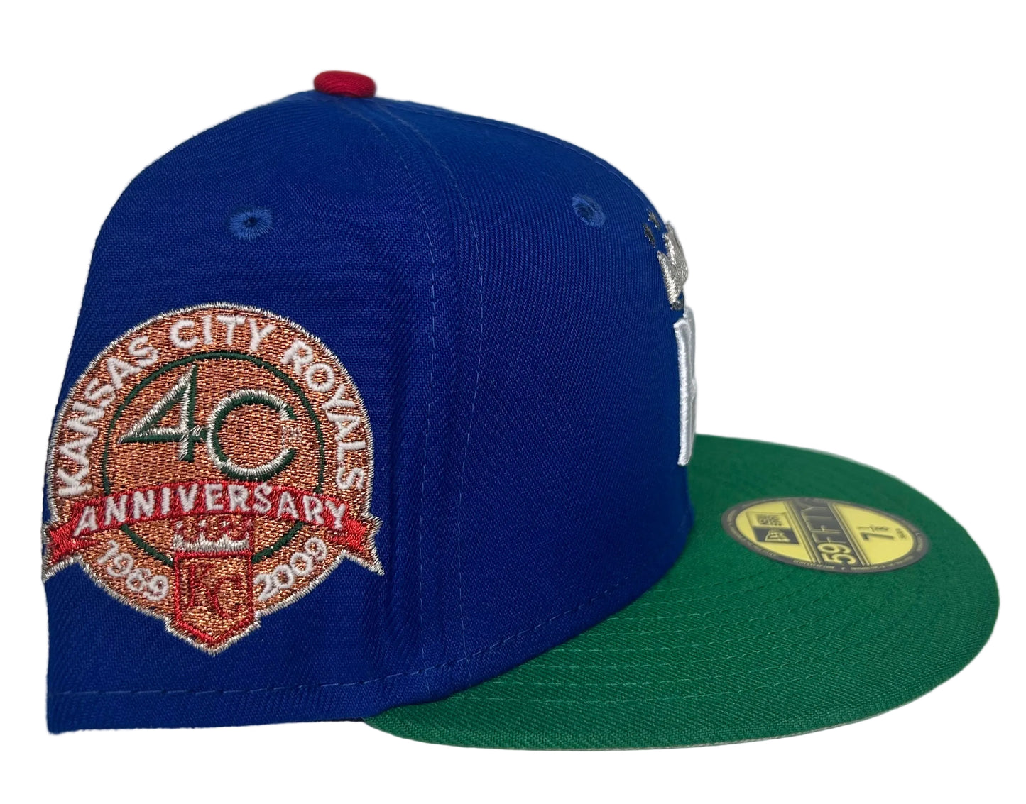 Blue Kansas City Royals 2-Tone Kelly Green 40th Anniversary Side Patch “Rushmore” 59fifty New Era Fitted Hat.