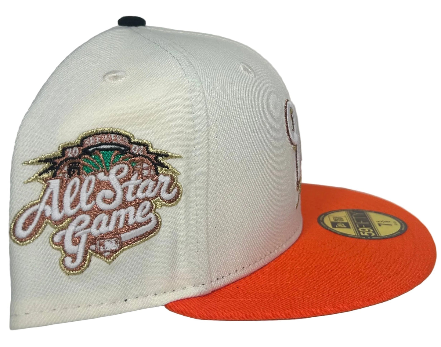 New Era Milwaukee Brewers 2002 All-Star Game 59Fifty fitted hat featuring a cream crown and a vibrant orange visor.